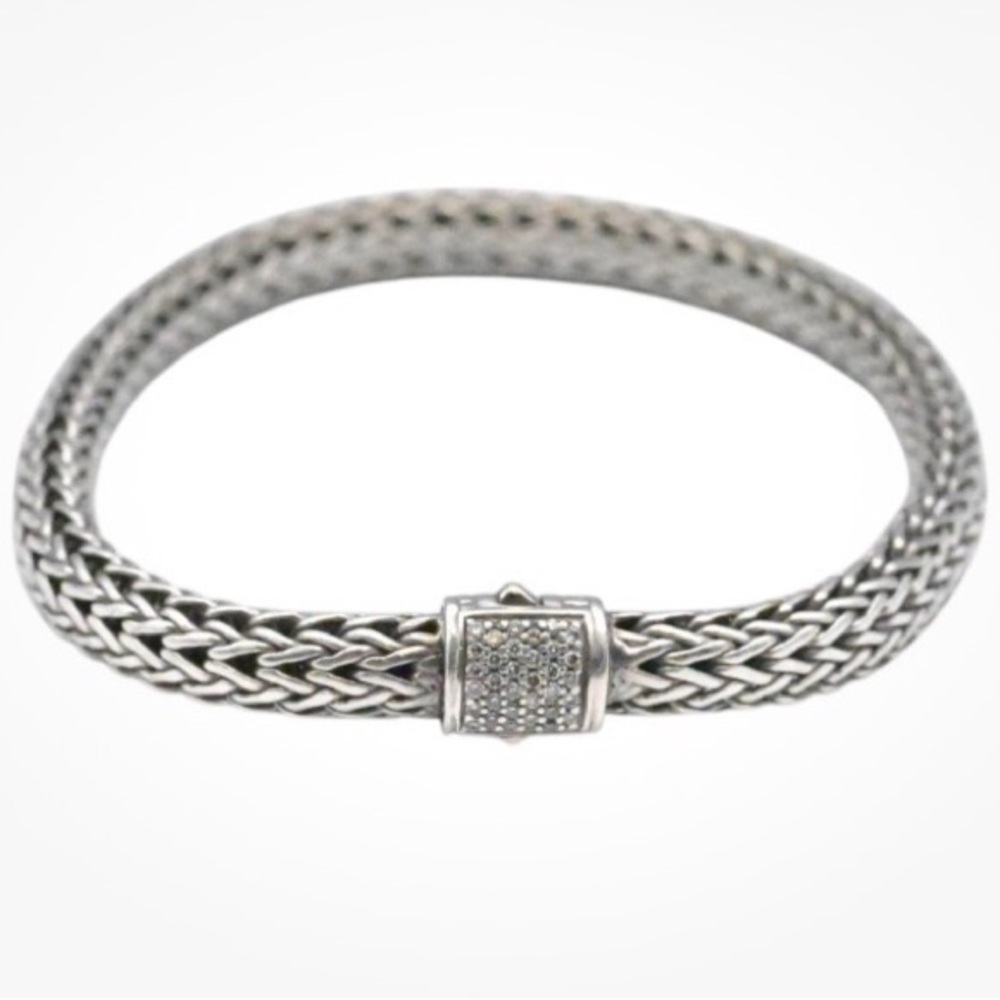 John Hardy, sterling wheat Chain Bracelet with Diamond Pave Clasp, 925 Silver